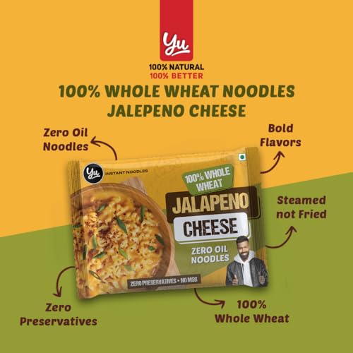 Image of Yu Foodlabs 100% Whole Wheat Jalapeno Cheese Instant Noodles - Pack of 18 - Zero Preservatives Zero Oil Zero Maida & Zero MSG - Atta Noodles Ready in 6 Mins - Veg - 420 gram (70g x 6) - Yu