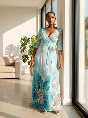 Image of SUZONANA Plus Size Dresses for Women Floral Print Maxi Dress Flowy 3 /4 Sleeve with Belt