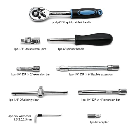 Image of Egofine 46 Pieces 1 /4 inch Drive Socket Ratchet Wrench Set, with Bit Socket Set Metric and Extension Bar for Auto Repairing and Household, with Blue Storage Case