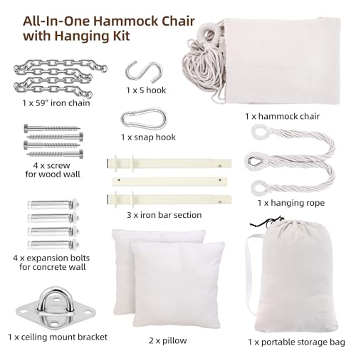 Ohuhu Hängesessel mit 2 Kissen und Deckenhaken-Kit, Hängesessel Outdoor XL Hängestuhl bis 150 kg für Erwachsene & Mädchen, Hängesitz Aufhängung Indoor Outdoor Schlafzimmer und Garten, Beige