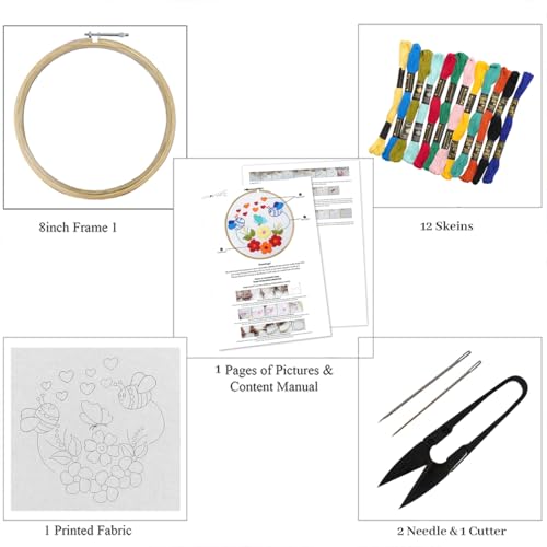 Image of picknMAKE Cross Stitch Embroidery Kit For Beginners & Adult, Showcasing Cheerful Bees, Vibrant Flowers, And Playful Hearts,Instruction Paper, Threads & Needles All Materials Included,Multicolor