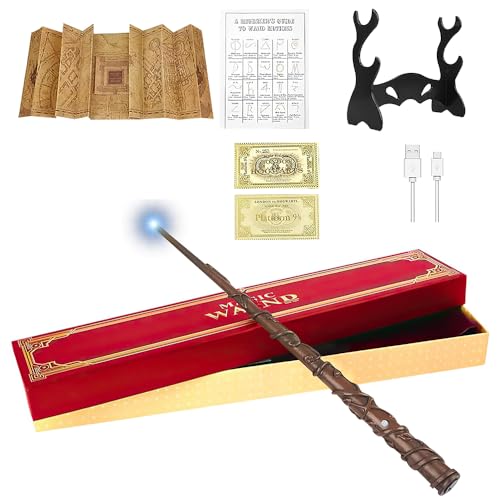YANGUN Zauberstab Hermine Granger mit Licht 37CM Hermine Zauberstab aus Harz Zauberstäbe Magic Wand in Geschenkbox mit Zauberspruch Karte Landkarte Stationsticket Zauberstabhalter