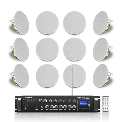 Sound Town Commercial Restaurant Bluetooth Amplifier + in-Ceiling Speaker Set, with One 6-Zone 70V/100V Amplifier with Bluetooth, 12 x Two-Way 6.5-Inch in-Ceiling Speakers, White (STCA180X12CS6N)