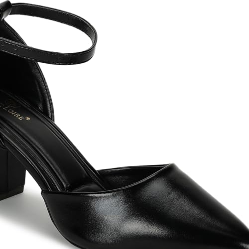 Image of Marc Loire Women's Pointed Toe Block Heel Pumps | Office & Party Shoes with Ankle Loop & Buckle Strap | Formal Footwear