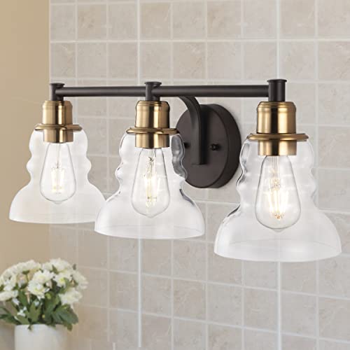 Image of JONATHAN Y 25.5 inch Brass Gold /Oil Rubbed Bronze Modern Industrial Rustic 3-Light LED Vanity Light with Clear Glass Shade, Vintage Wall Sconce for Bathroom Kitchen Hallway, LED Bulb Included (JYL3546A)