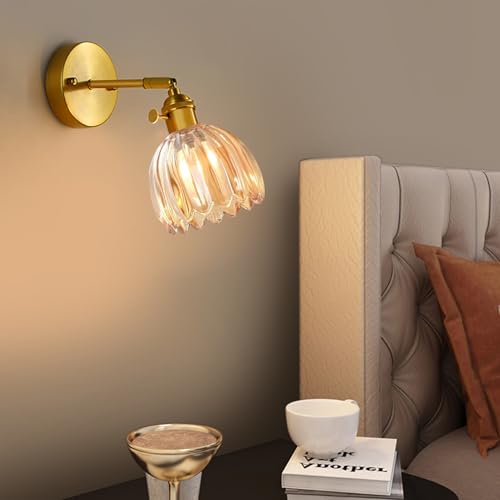 Image of Vintage Wall Sconces with Gold Finish, Adjustable Arm, Ribbed Glass Shadewall Light fixtures Wall Lights for Bedroom, Living Room, Hallway, or Bathroom (Amber)