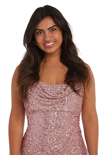 Image of Nightway Juniors' Long Sequin Cowl Neck Gown W /Cross-Back Spaghetti Straps & Side Slit - Prom Cocktail Party