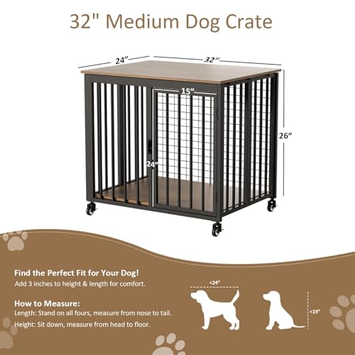 32" Medium Dog Crate Furniture Style with Wheels,Foldable Dog Crate End Table for Small/Medium Size Dogs,Indestructible Dog Cage Furniture Style Chew Proof No Assembly - Image 6