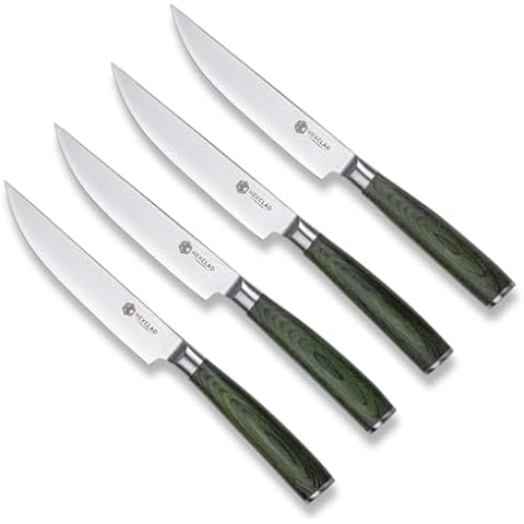 HexClad Steak Knife Set, 4-Pieces Damascus Stainless Steel Blades, Full Tang Construction, Pakkawood Handles Cover