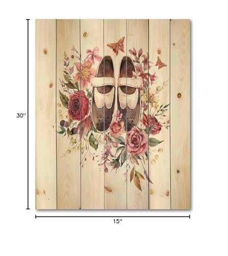 Image of DesignQ Vintage Oxford Shoes With Wildflowers Farmhouse Wood Wall Decor, White Wood Wall Art, Large Floral Wood Wall Panels Printed On Natural Pine Wood Art