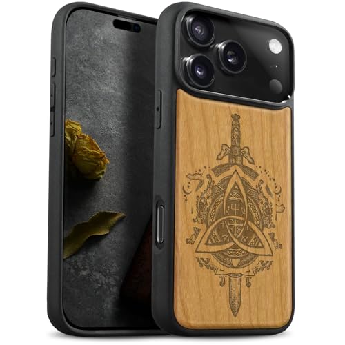 Coque Bois iPhone 17 Pro Magnétique, Étui Antichoc Apple 17 Pro Case Cerise Emblèmes Nordiques