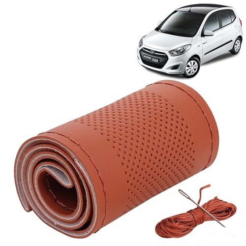 Image of KINGSWAY PU Leatherite Car Steering Cover Sewable Compatible with Hyundai I10 (Year 2010-2013), Tan Color with Tan Thread, Pack of 1 with Sewing Needle and Thread