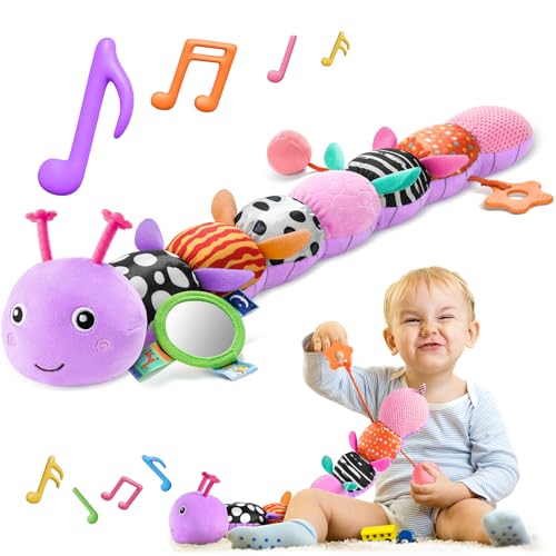 Image of HEMRLY Baby Sensory Toy 0-6 Months, Musical Stuffed Caterpillar Plush with Teether, Crinkle, Rattle, Baby Mirror for Tummy Time, Infant Car Seat Toy for 0-3-6-12 Month Boys Girls Gifts - Leaf Purple