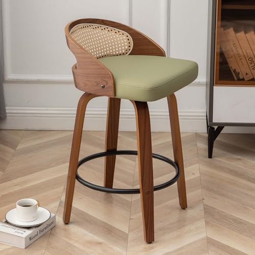 Image of 30 inch Swivel Rattan Bar StoolsMid-Century Modern Faux Leather Upholstered Bar Height Stools Kitchen Island Barstool with Rattan Low Backrest,Walnut Wood Finish Bar Chairs,Green PU,1PCS
