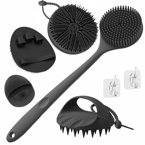 Manmihealth Silicone Back Scrubber & Soft Bath Glove Silicone Scalp Massager Set 5 PCS Super-Exfoliating Body Scrubber Shower Brush & Shampoo Brush Combination with 2 Free Hooks (Style 2 Black)