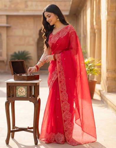 Image of SIRIL Women's Cotton Linen Printed, Zari Border One Minute Ready To Wear Saree With Unstitched Blouse Piece