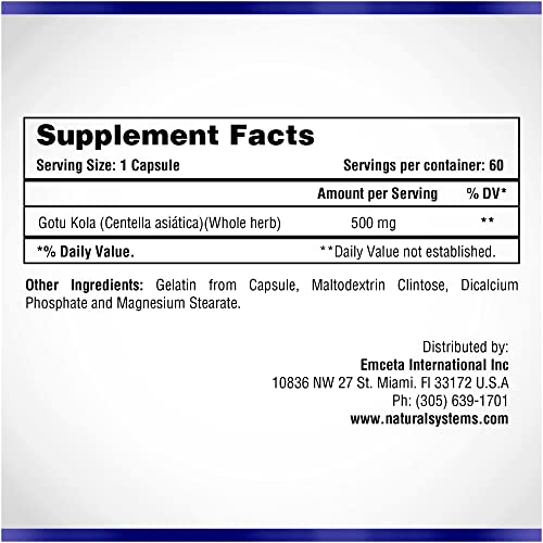 60 Capsules Centella Asiatica Capsules 500 Mg By Natural Systems - Gotu Kola Herb Moisturizer For Your Skin - Gotu Kola Capsules Extract Also Beneficial For Calming Mind Tiredness #TOP1