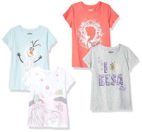 Amazon Essentials Disney | Marvel | Star Wars | Frozen | Princess Mädchen Kurzärmelige T-Shirts, 4er-Pack, Blau/Grau/Weiß/Frozen ELSA & Olaf, 10 Jahre