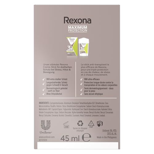 Rexona Women Maximum Protection Anti Transpirant Deo Creme Stress Control Deodorant mit 96 Stunden Schutz gegen starkes Schwitzen und Geruch mit 3x Schutz bei Stress, Hitze & Bewegung 45 ml