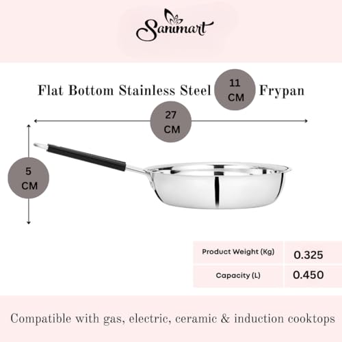 Image of Stainless Steel Frying Pan | Induction & Gas Stove Compatible | Even Heat Distribution | Easy-Grip Handle | Durable Cookware (450 ML)
