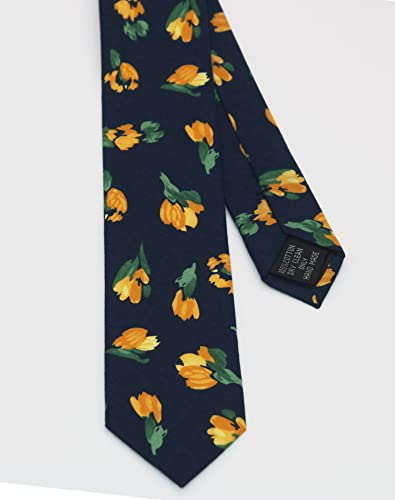 Image of Men's Skinny Tie Floral Cotton Necktie and Tie Bar Clip Sets, Great for Weddings,Groom,Groomsmen