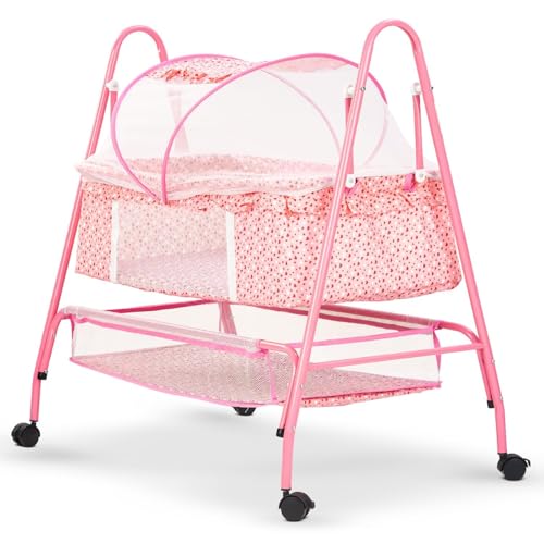 Image of BAYBEE Clora Baby Cradle and Swing with Mosquito Net | Jhula Palna for Newborns | 360 Rotating Lockable Wheels & Storage Basket | Pink
