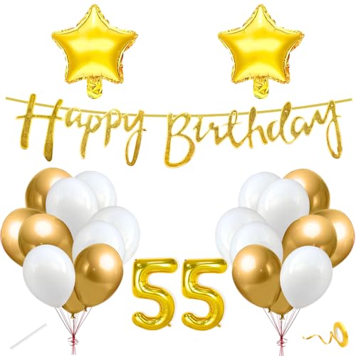 Image of Flyloons 55th Happy Birthday Decoration Kit Gold White for Boys Girls Men Women Adults Bedroom Car With 20 Pcs Chrome Balloons Birthday Banner 2 Pcs Star Items Set Golden