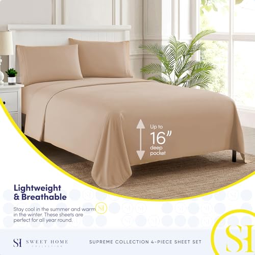 Twin XL Sheets - Breathable Luxury Sheets with Full Elastic & Secure Corner Straps Built In - 1800 Supreme Collection Extra Soft Deep Pocket Bedding Set, Sheet Set, Twin XL, Taupe