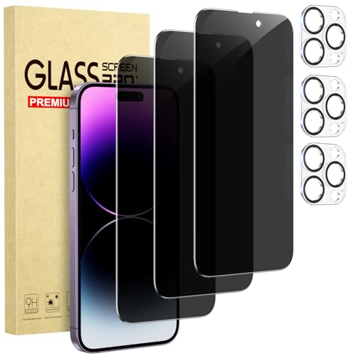 Cutebe 3 Pack Privacy Screen Protector for iPhone 14 Pro Max+3 Pack Camera Lens Protector with Tempered Glass Touch Sensitive and Case Friendly