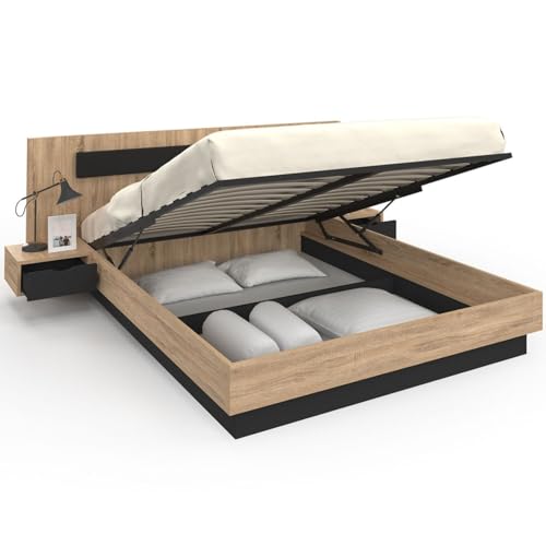 IDMarket - Lit Coffre Double Santa avec tête de lit + Tables de Chevet intégrées et sommier 160 x 200 cm Bois et Noir