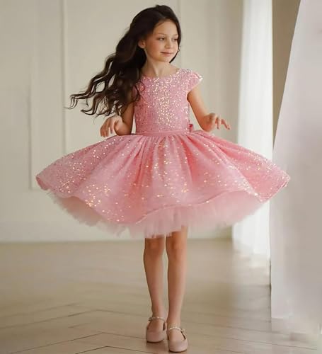 Puffy Flower Girl Dresses Sparkly Sequin A-Line Princess Pageant Birthday Party Gown with Bow3