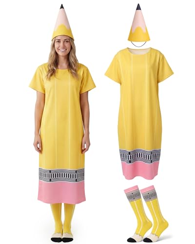 Mepase 3 Pcs Pencil Costume for Adults Back to School Pencil Dress Funny Outfit Cone Hat Stockings for Teacher Supplies (Yellow)