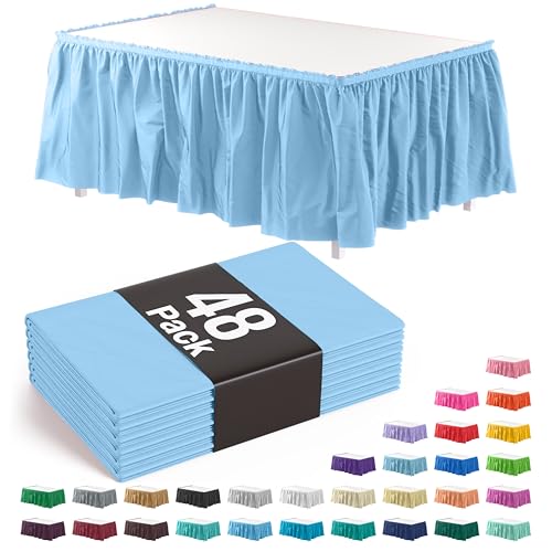 Exquisite Light Blue Table Skirt 48 Pack - Disposable Plastic Table Skirts for Rectangle Tables 6ft 8ft & Round Tables - 29in x 14ft Self-Adhesive Strip - Birthday Wedding Gender Reveal Decor
