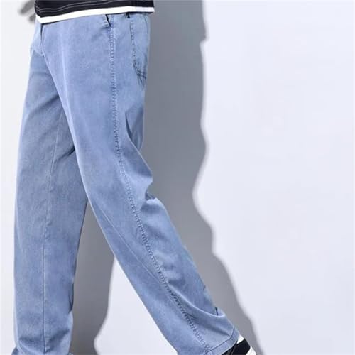 Men's Spring Fall Jeans – Soft Blue Loose Straight Thin Denim Pants, Elastic Waist Casual Plus Size2