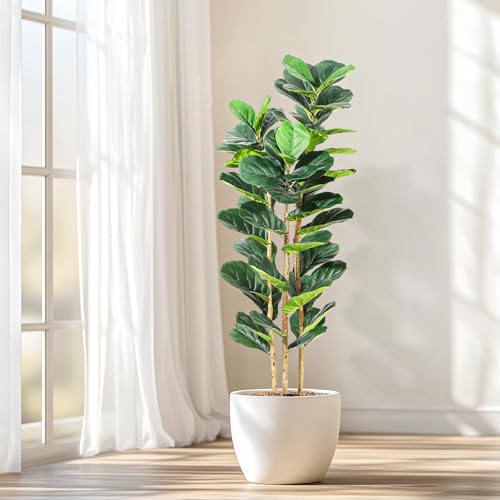 Artificial Fiddle Leaf Fig Tree with White Pot, 5ft Tall Fake Plants with 56 Green Fiddle Leaves...