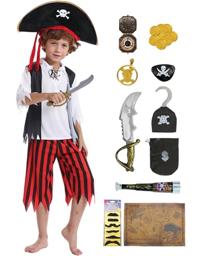 Mrsclaus Piratenkostüm Set für Kinder - Outfit Zubehör mit Hut, Augenklappe, Kapitän - Karneval Party 3-10 Jahre C027M