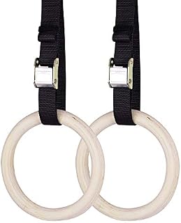 Navaris Wooden Gymnastic Rings - Pair of Wood Gym Fitness Workout Pull Up Rings with 6m Adjustable Straps - Set of 2 Fitness Gymnast Calisthenic Rings