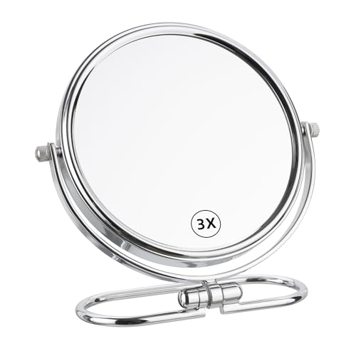 Portable Folding Travel Makeup Mirror,1X/3X Magnifying Vanity Mirror,Double-Sided 360° Swivel,Handheld & Wall Hanging Metal Mirror for Home and On-The-Go Use,No Light (3inch)