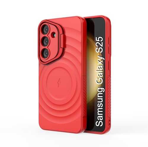 Image of LuxuryKase Shockproof Case for Samsung Galaxy S25 | Ripple Pattern | Camera Protection | Inner Velvet Fabric Lining | Protective Cover with Enhanced Grip & Wireless Charging Support - Red