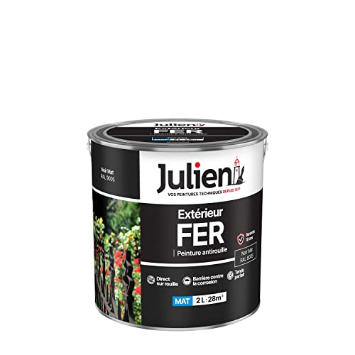 Julien Peinture Fer Anti-Rouille Mat - Portes, grilles, portails, mobilier de jardin en métal - Noir Mat 2 L