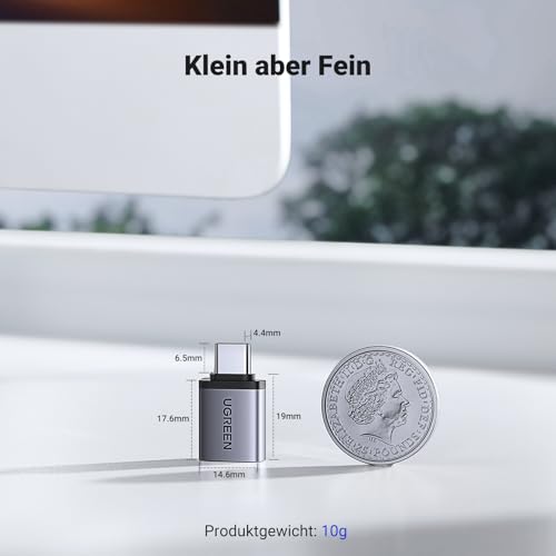 UGREEN USB C auf USB 3.2 Adapter 10Gbps OTG 2 Stück USB C Stecker auf A Buchse Adapter Kompatibel mit iPhone 17/16 Series MacBook Pro Air iMac iPad Pro Galaxy Tab S9 S24 (Grau)