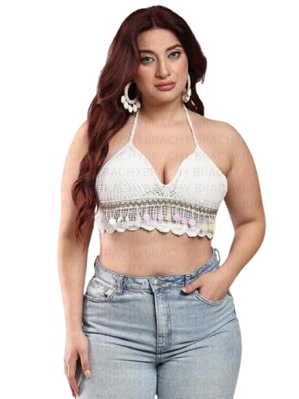 Women's Summer Beach Backless Crochet Halter Bikini Crop Top Crochet Hollow Out Tassle Embroidery Knit Boho Beachwear-image-44