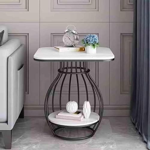 Image of CROWN ART SHOPPEE Modern Side Table Corners Living Room Square Table Double Tier Sofa Side Table,Round Base Coffee Table,Portable Bedroom Nightstands Small Space-Black White