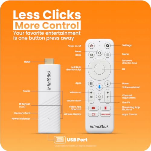 Image of Helett infiniStick Android-Based Smart TV Stick | Voice Control Bluetooth /IR Remote | 2GB RAM 8GB Storage | Quad-Core Processor | Dual-Band Wi-Fi 2.4G /5G | Screen Casting | 1-Year Warranty (White)