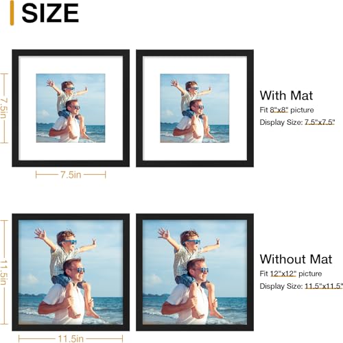 decorUhome 12x12 Picture Frame, Display Pictures 8x8 with Mat or 12x12 without Mat, Wall Mounting Photo Frame, Black, 1 Pack