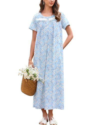 Image of Ekouaer Nightgown for Women Cotton Long Night Gown Short Sleeve Nightdress with Pockets Button Sleepshirt Soft Sleepwear