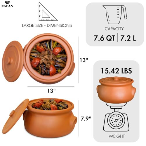 Hakan Suphan Handmade 7.6-Quart Large Clay Cooking Pot with Lid, Natural Unglazed Cookware, Terracotta Cazuela, Casserole Dish, Rice Cooking, Stewpot, Korean, Indian, Mexican Dish 7.2 L