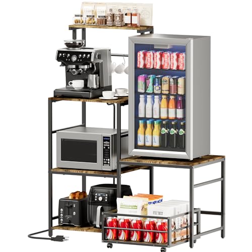 HYPIGO Mini Fridge Stand with Storage, Coffee Bar Cabinet Station with Power Outlet, Kitchen Baker’s Rack with Adjustable Shelf, Movable Basket, Refrigerator Organizer for Kitchen, Dorm, Home, Office