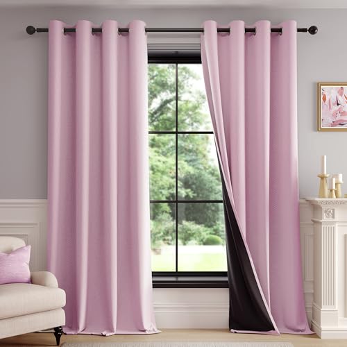 Image of FMFUNCTEX 100% Blackout Curtains for Bedroom, Blush Pink Curtains 63 Inch Length Textured Thermal Insulated Curtains for Girls Room Drapes, Black Out Drapery Grommet Living Room Darkening 2 Panels