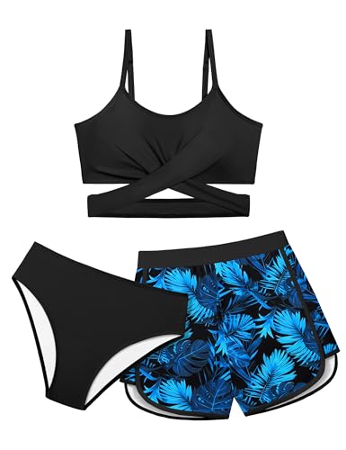 Image of Girls Swimsuit 3 Piece Bathing Suit Criss Cross Bikini Set Girls' Swimwear with Shorts 7-16T